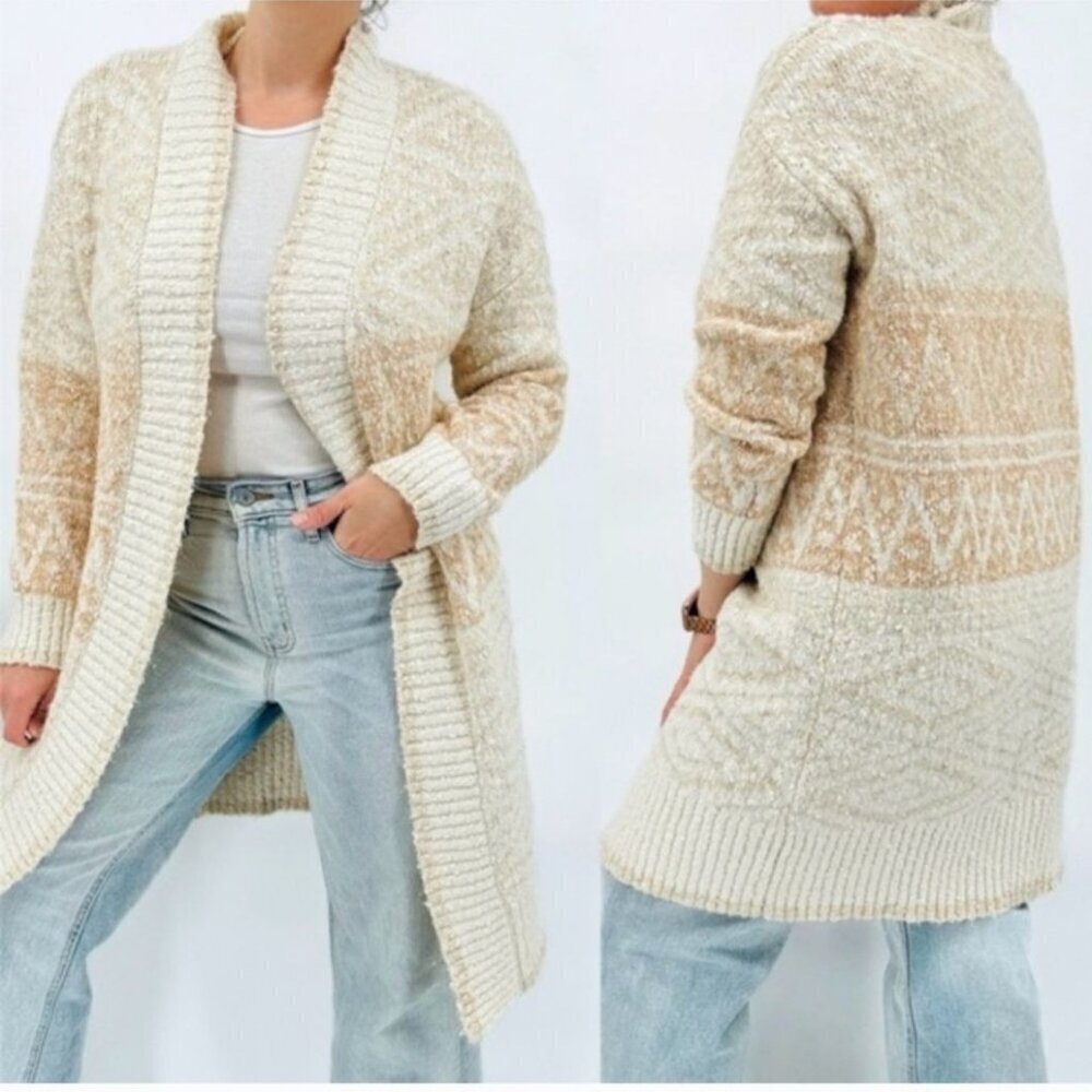 Joie Long Line Duster Aztec Subtle Print Neutral Cardigan Sweater Size M